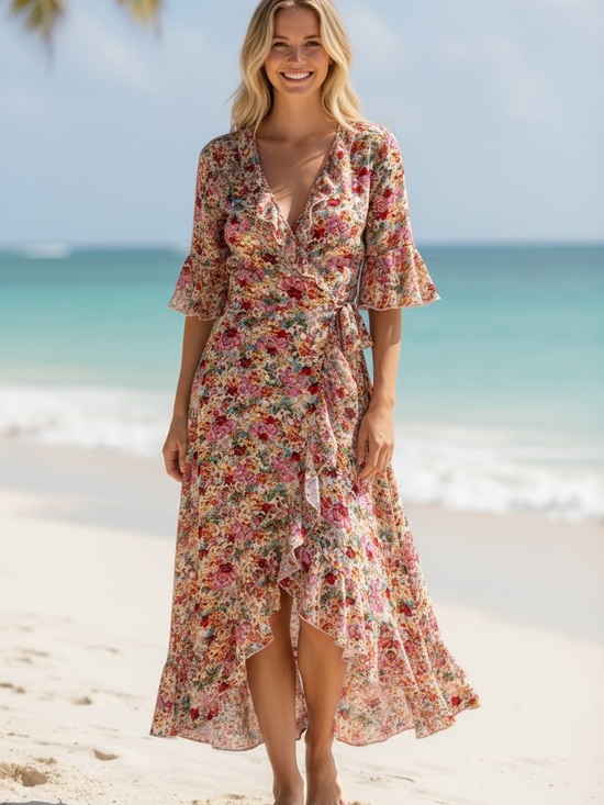 ESQUALO Dresses & Skirts - ESQUALO Floral Wrap Maxi Dress in Pink/Red/Green/Yellow/Orange 100% Linen